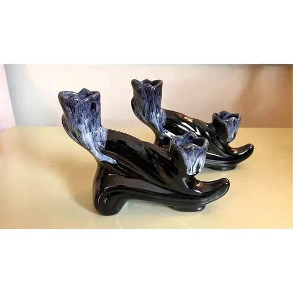 Vintage Anna Van Briggle Two Candle Holder Single unit Blue Drip Glaze cat - Picture 6 of 13